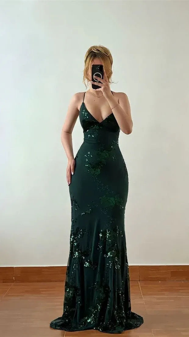 Sparkly Mermaid Deep‑V Spaghetti Strap Lace‑Up Back Floor‑Length Prom Dress