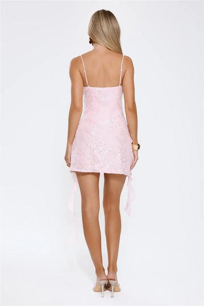 Sparkly A-Line Cowl Neck Spaghetti Strap Open Back Mini Pink Sequin Homecoming Dresses