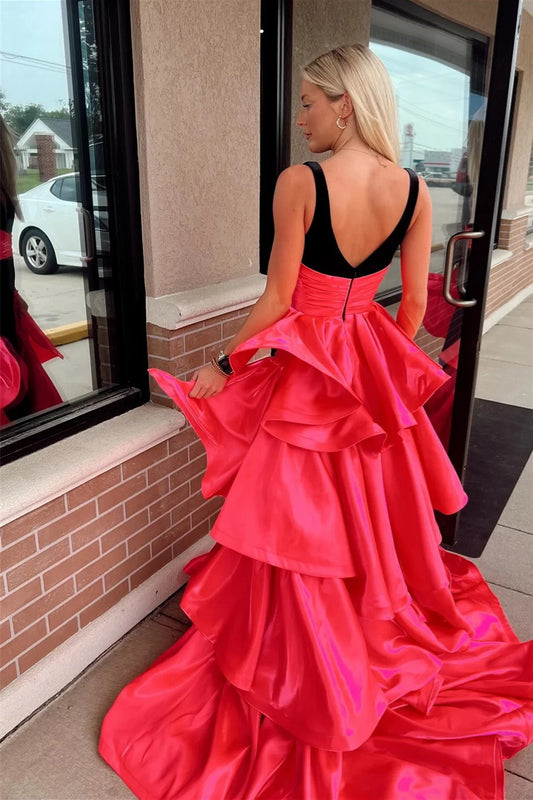 Striking Mermaid Deep V-Neck Sleeveless Open Back Sweep Train Black Coral Evening Dresses