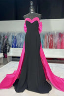Striking Mermaid Strapless Sleeveless Bow Back Sweep Train Black Hot Pink Evening Dresses