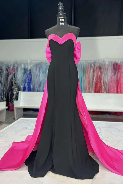 Striking Mermaid Strapless Sleeveless Bow Back Sweep Train Black Hot Pink Evening Dresses