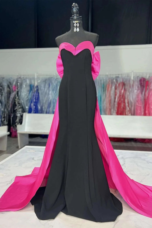 Striking Mermaid Strapless Sleeveless Bow Back Sweep Train Black Hot Pink Evening Dresses