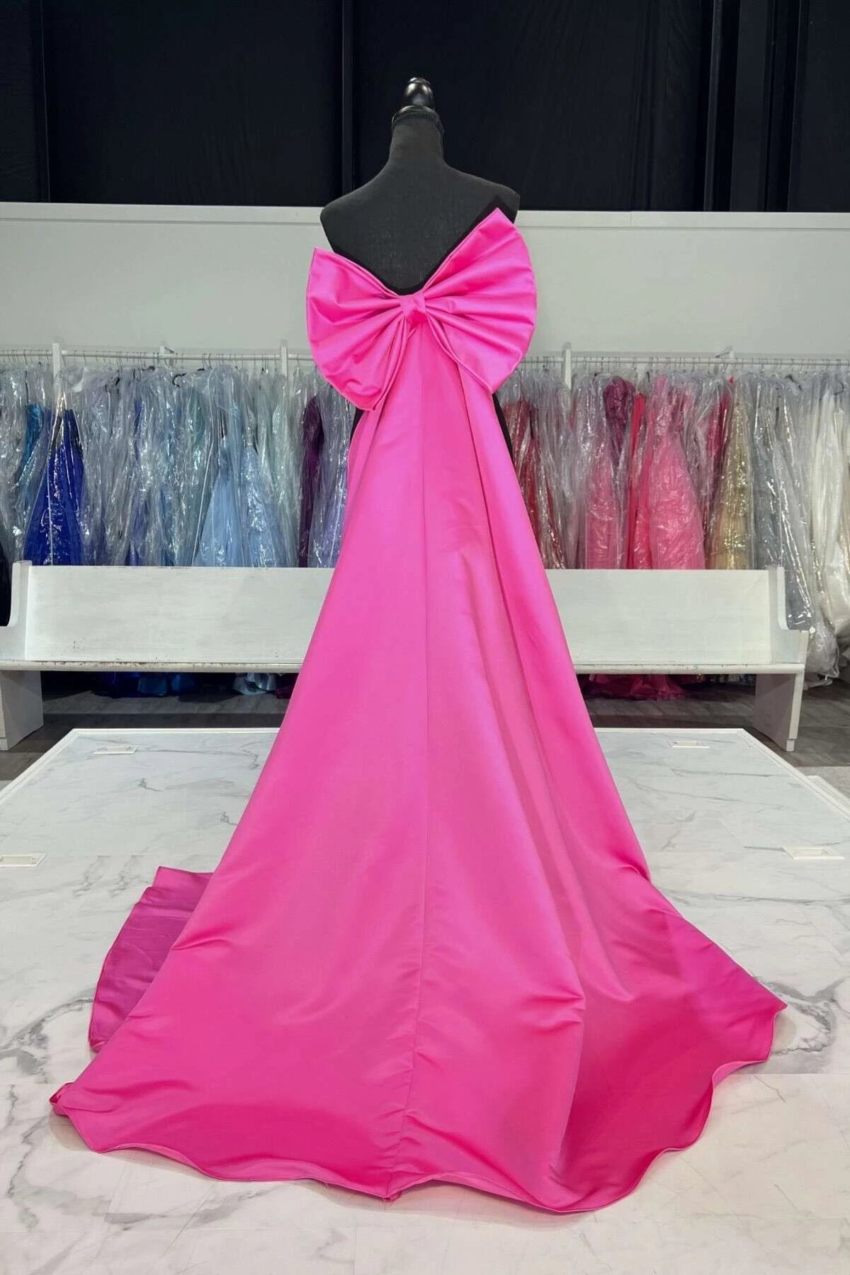 Striking Mermaid Strapless Sleeveless Bow Back Sweep Train Black Hot Pink Evening Dresses