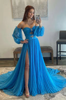 Stunning A Line Sweetheart Cold Shoulder Puff Sleeve Cut Out Floor Length Evening Gown