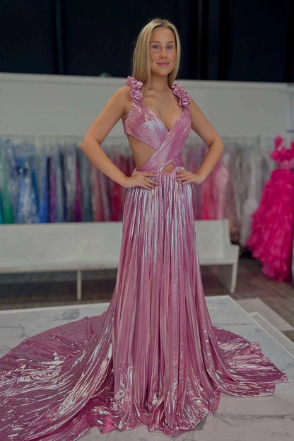 Stunning A-line V-neck Floral Straps Open Back Train Evening Prom Dress