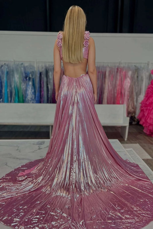 Stunning A-line V-neck Floral Straps Open Back Train Evening Prom Dress