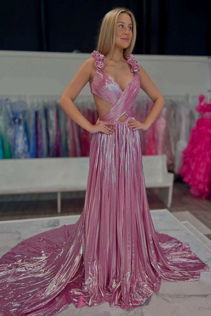 Stunning A-line V-neck Floral Straps Open Back Train Evening Prom Dress
