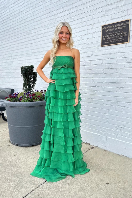 Stunning Green A-Line Strapless Sweetheart Backless Tiered Ruffle Train Evening Dresses