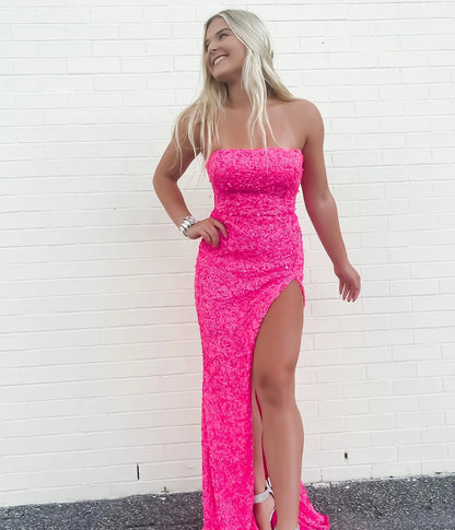 Stunning Mermaid Strapless Sleeveless Solid-back Floor-length Slit Prom Dress