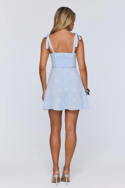 Sweet Light Blue Floral Embossed A-Line Sweetheart Tie-Shoulder Sleeveless Smocked Back Mini Homecoming Dresses