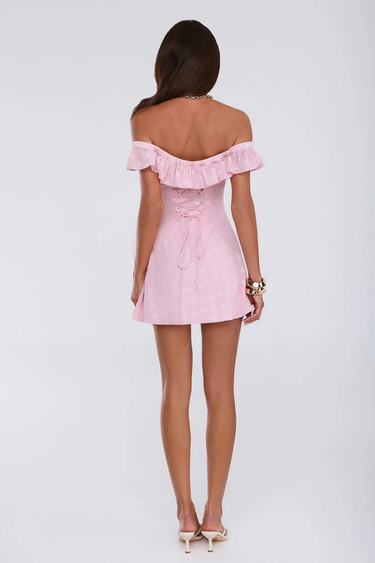 Blushing Pink Satin A-Line Off-the-Shoulder Back Zip Short Dress