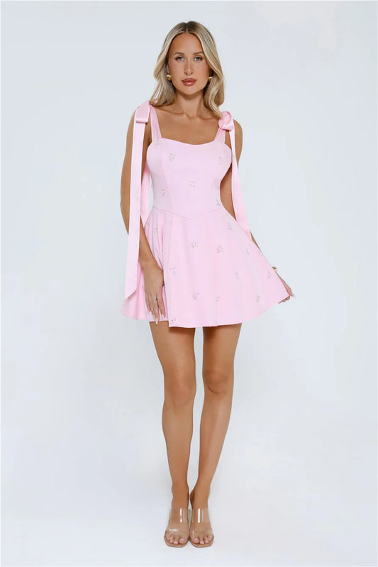 Blushing Pink Satin A-Line Square Neck Back Zip Short Dress