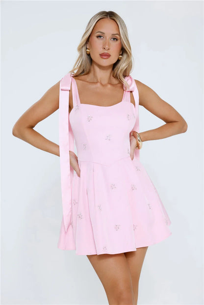 Sweet Sparkling A-Line Square Neck Tie-Shoulder Sleeveless Mini Homecoming Dresses