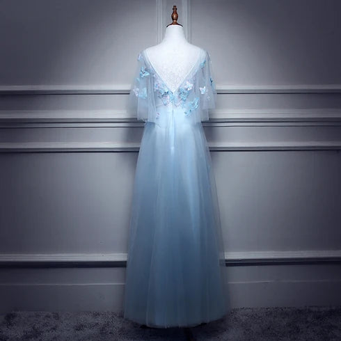 Light Blue Tulle A Line Prom Dress 3D Butterfly Floral Appliques Flutter Sleeves