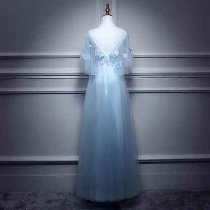Light Blue Tulle A Line Prom Dress 3D Butterfly Floral Appliques Flutter Sleeves
