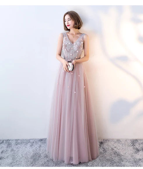 Dusty Pink V Neck Tulle Prom Dress Sleeveless 3D Floral Appliques A Line Lace Up Back