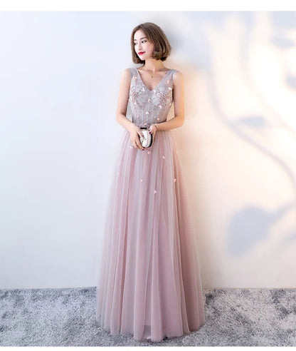 Dusty Pink V Neck Tulle Prom Dress Sleeveless 3D Floral Appliques A Line Lace Up Back