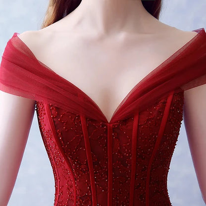 Burgundy Off The Shoulder Tulle Prom Dress Beaded Corset Bodice Back Bow