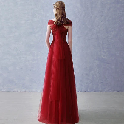 Burgundy Off The Shoulder Tulle Prom Dress Beaded Corset Bodice Back Bow