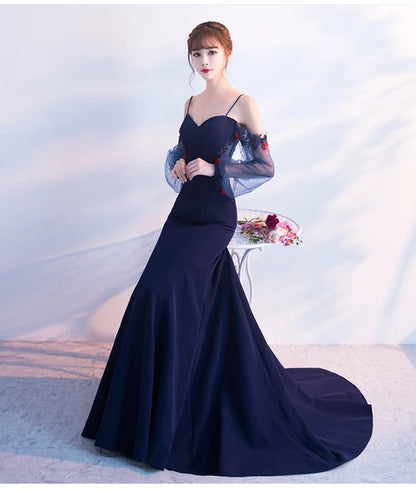 Navy Off Shoulder Puff Tulle Sleeve Mermaid Evening Gown