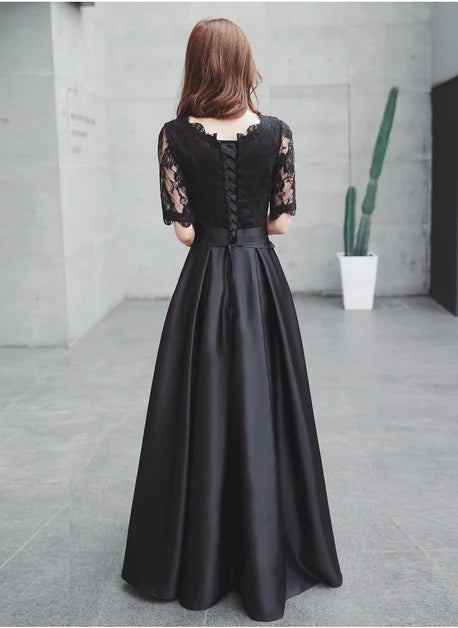 Black Lace Satin A Line Midi Evening Dress Half Sleeve Corset Back