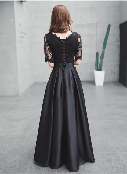 Black Lace Satin A Line Midi Evening Dress Half Sleeve Corset Back