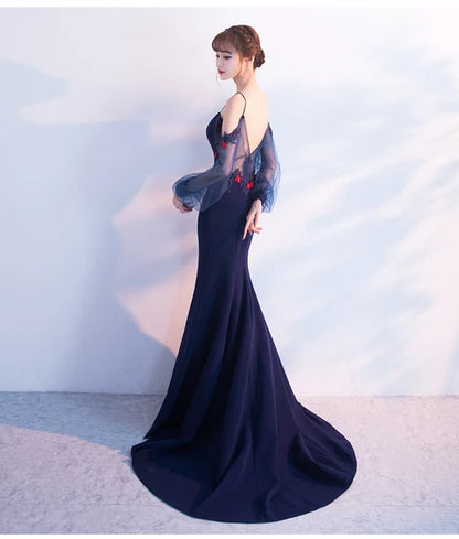 Navy Off Shoulder Puff Tulle Sleeve Mermaid Evening Gown