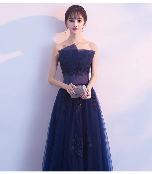 Navy Blue Strapless Tulle Prom Dress Lace Floral Appliques Corset Back