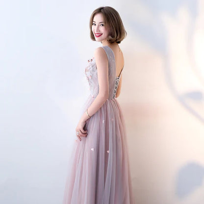 Dusty Pink V Neck Tulle Prom Dress Sleeveless 3D Floral Appliques A Line Lace Up Back