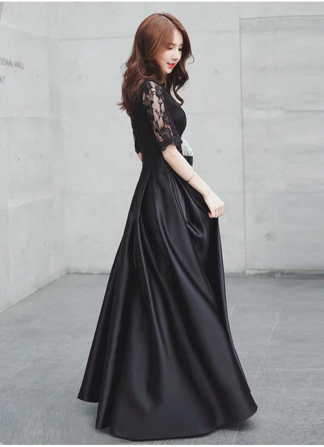 Black Lace Satin A Line Midi Evening Dress Half Sleeve Corset Back