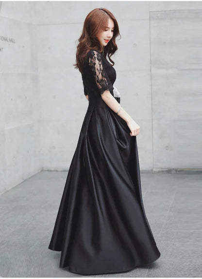 Black Lace Satin A Line Midi Evening Dress Half Sleeve Corset Back