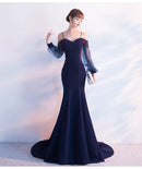 Navy Off Shoulder Puff Tulle Sleeve Mermaid Evening Gown