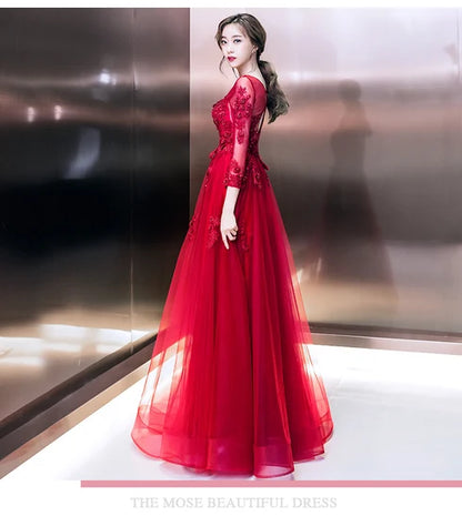 Red Long Sleeve Lace Beaded Tulle A Line Evening Dress Keyhole Back