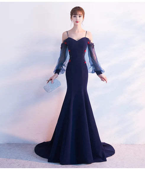 Navy Off Shoulder Puff Tulle Sleeve Mermaid Evening Gown