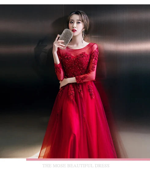 Red Long Sleeve Lace Beaded Tulle A Line Evening Dress Keyhole Back