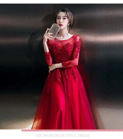 Red Long Sleeve Lace Beaded Tulle A Line Evening Dress Keyhole Back