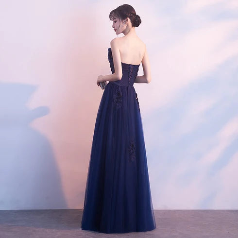 Navy Blue Strapless Tulle Prom Dress Lace Floral Appliques Corset Back