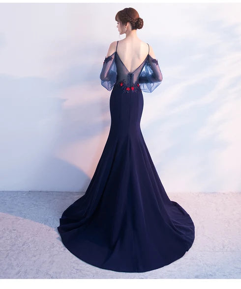 Navy Off Shoulder Puff Tulle Sleeve Mermaid Evening Gown