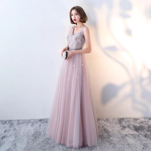 Dusty Pink V Neck Tulle Prom Dress Sleeveless 3D Floral Appliques A Line Lace Up Back