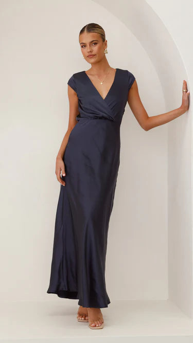 Timeless A-Line Deep V Cap Sleeve Ruched Back Floor Length Evening Dress