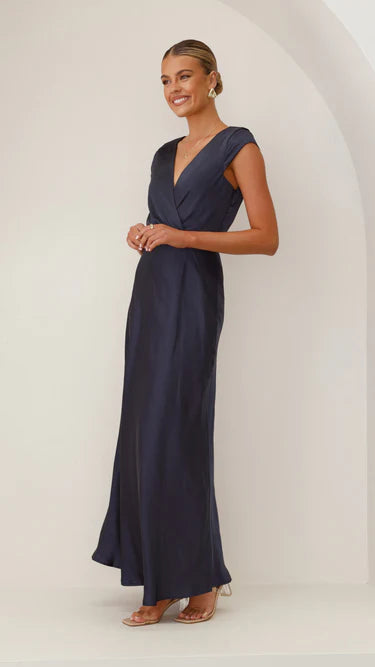 Timeless A-Line Deep V Cap Sleeve Ruched Back Floor Length Evening Dress