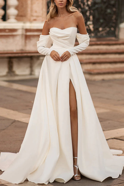 Timeless A-Line Sweetheart Detachable Long Sleeve Button Back Train Length Wedding Dress