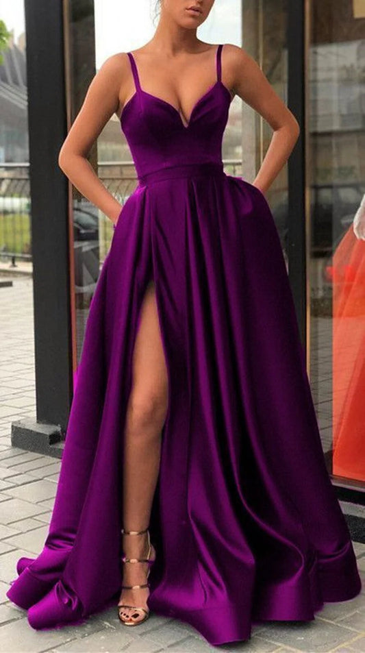 Vibrant A-Line V-Neck Spaghetti-Strap High-Slit Purple Floor-Length Prom Dress.