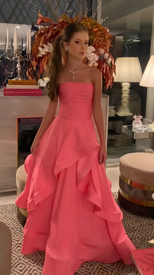 Vibrant A-line Strapless Ruched Ruffled Coral Pink Floor-length Prom Gown.