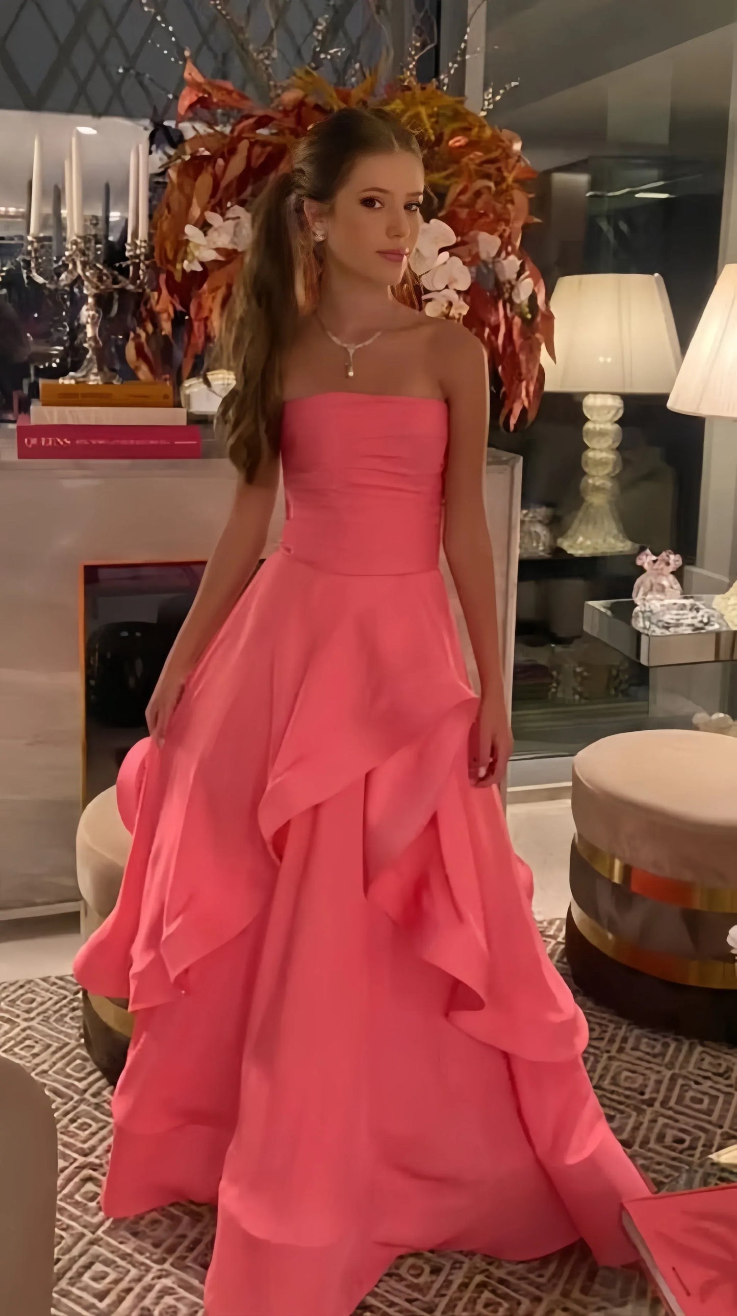 Vibrant A-line Strapless Sleeveless Solid-back Floor-length Ruffled Prom Dress