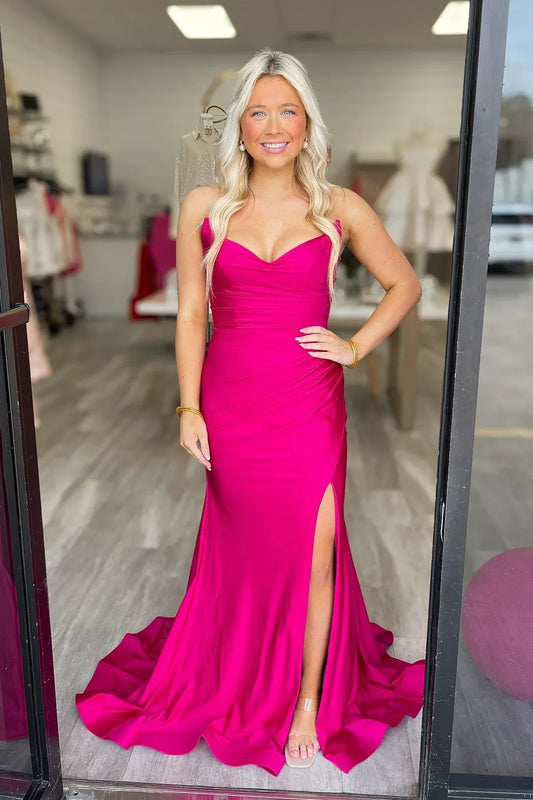 Vibrant Fuchsia Mermaid Sweetheart Lace-Up High Slit Prom Dress.