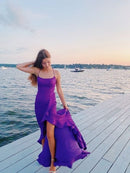Vibrant Purple Slip Spaghetti Strap High Low Ruffle Evening Dress