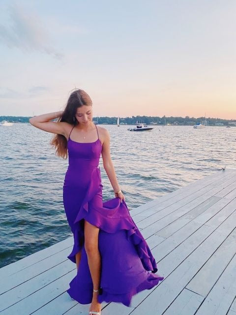 Vibrant Purple Slip Spaghetti Strap High Low Ruffle Evening Dress