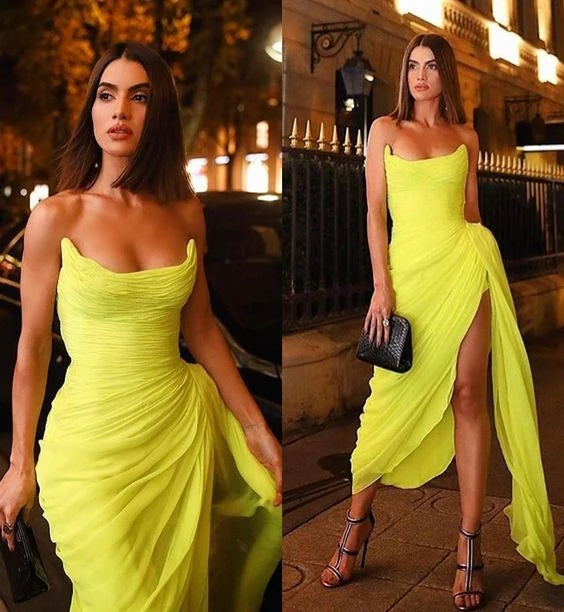Vibrant Strapless Ruched High-Low Neon Yellow Evening Gown for Women.
