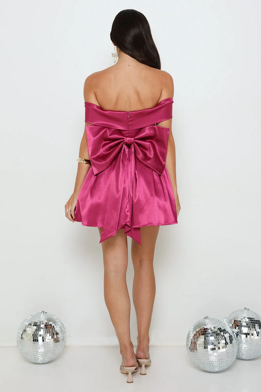 Mulberry Satin A-Line Off-the-Shoulder Back Zip Short Dress